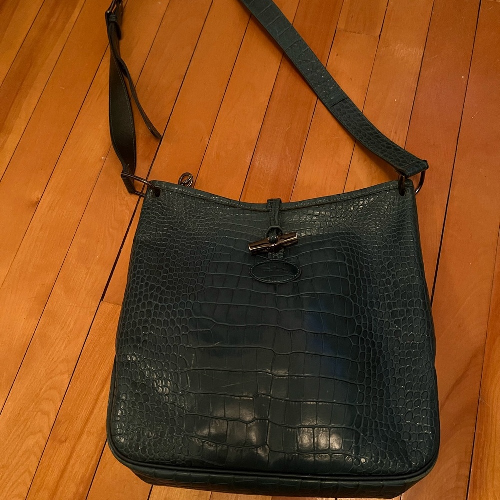 Longchamp Forest Green Embossed Crossbody Bag